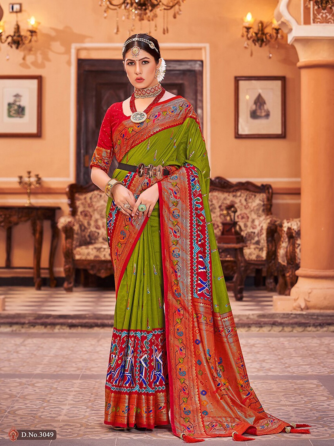

Mitera Olive Green & Orange Ethnic Motifs Zari Art Silk Mysore Silk Saree
