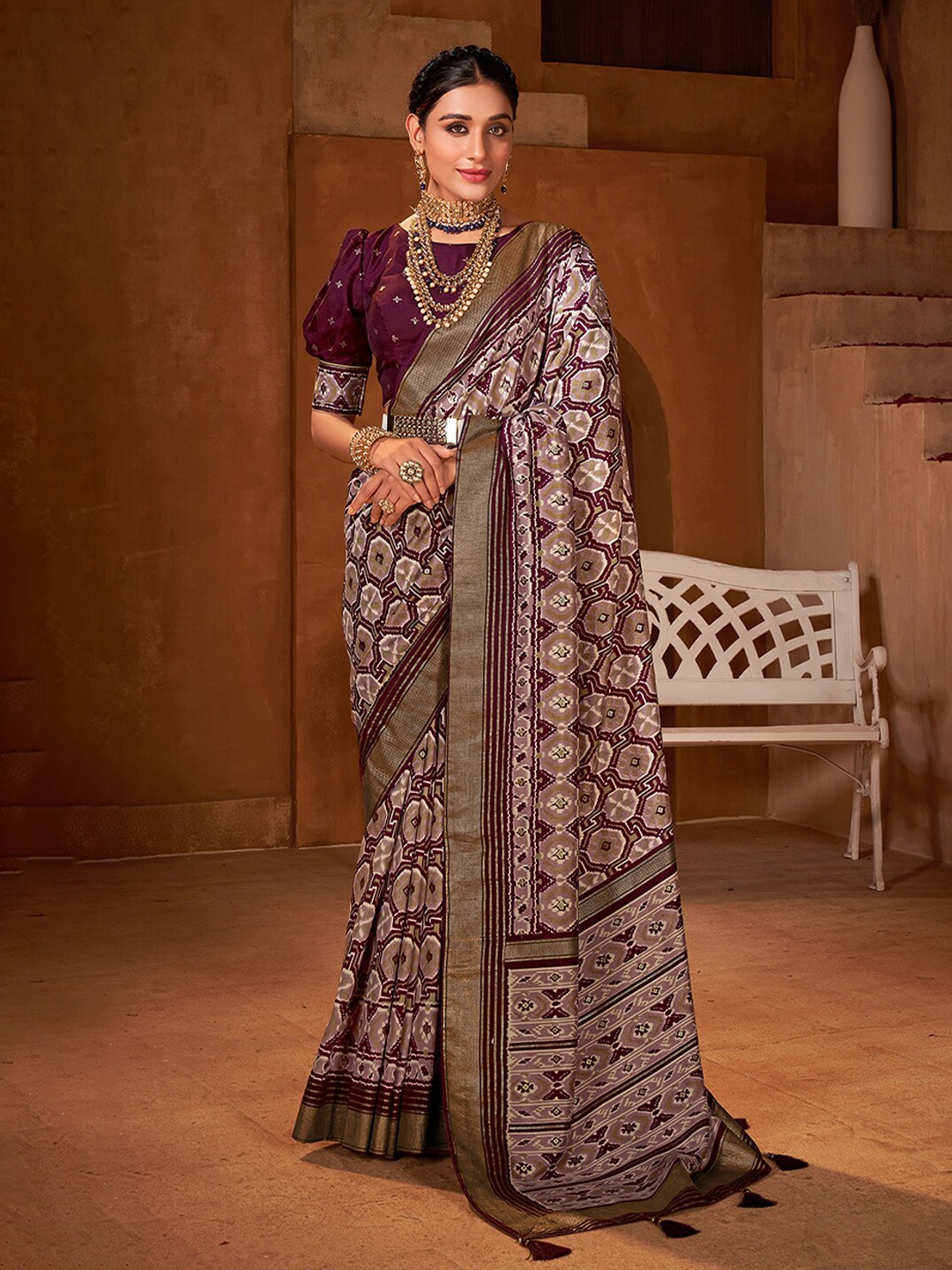 

Mitera Magenta & Cream-Coloured Ajrak Block Zari Silk Cotton Belted Patola Saree