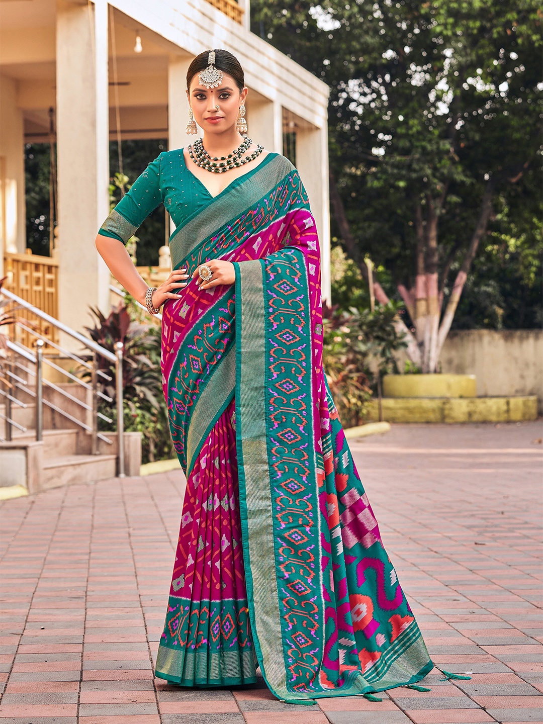 

Mitera Ethnic Motif Printed Zari Silk Cotton Ikat Saree, Pink