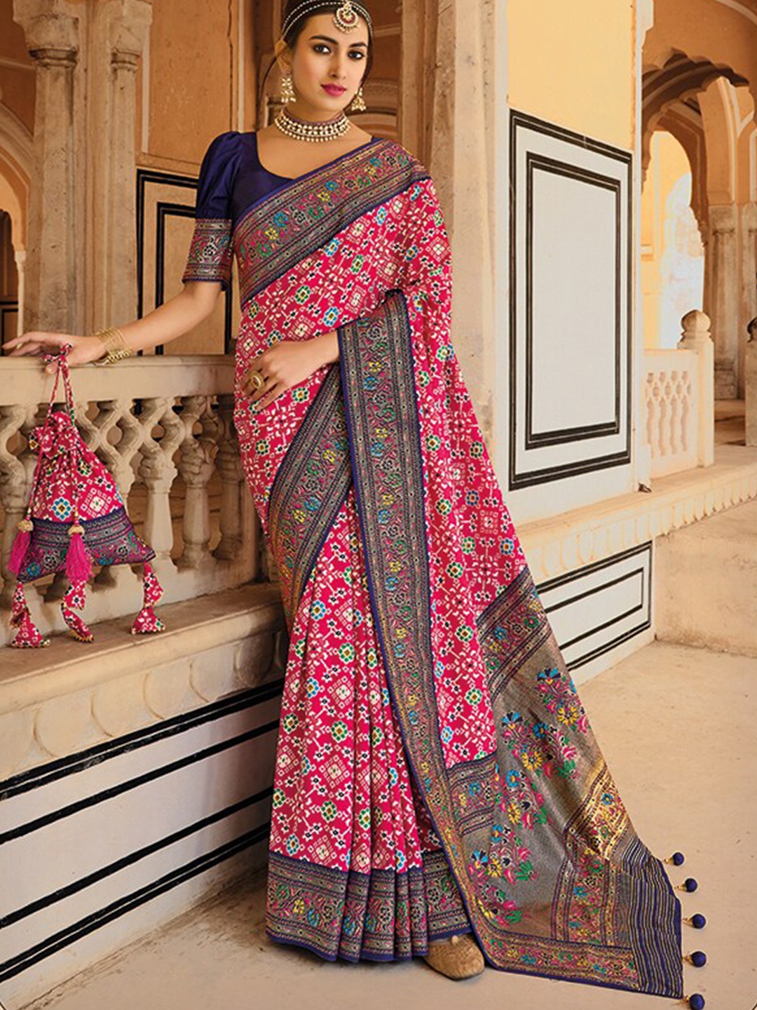 

Mitera Ethnic Motifs Zari Silk Cotton Patola Saree, Pink