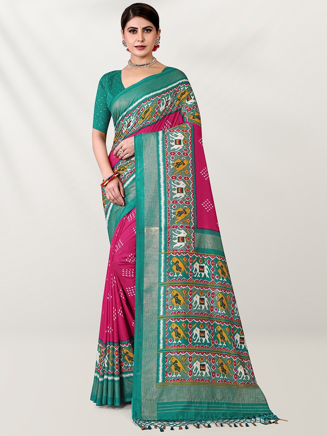 

Mitera Pink Bandhani Printed Zari Silk Cotton Patola Saree