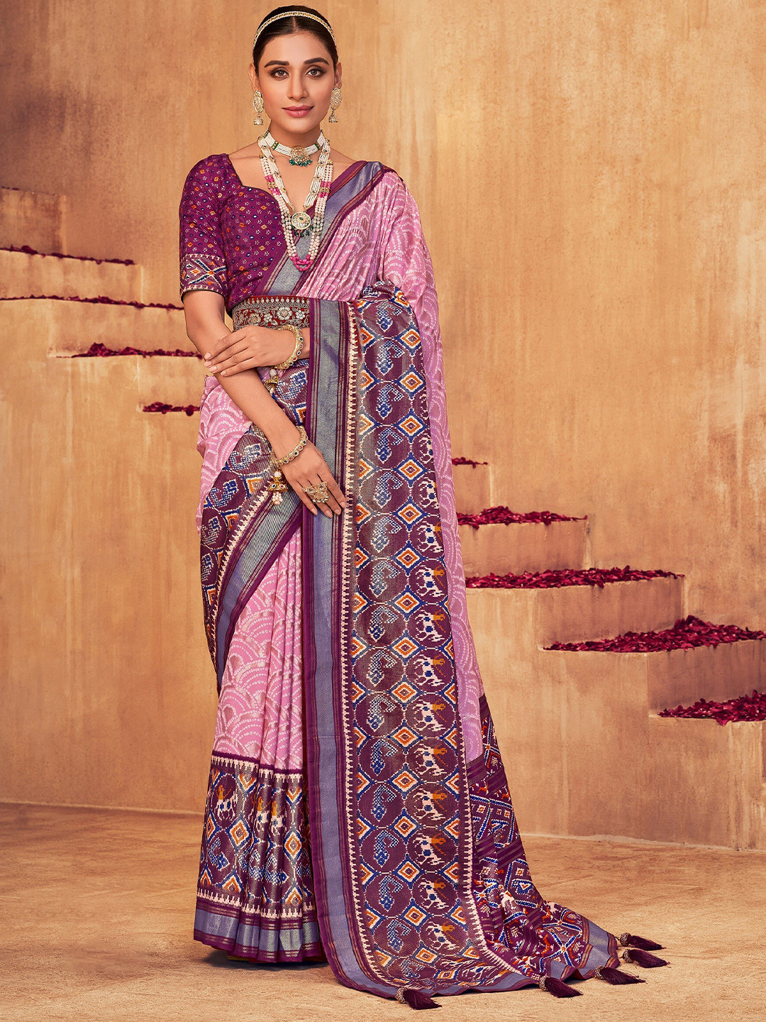 

Mitera Pink Bandhani Printed Zari Silk Cotton Patola Saree