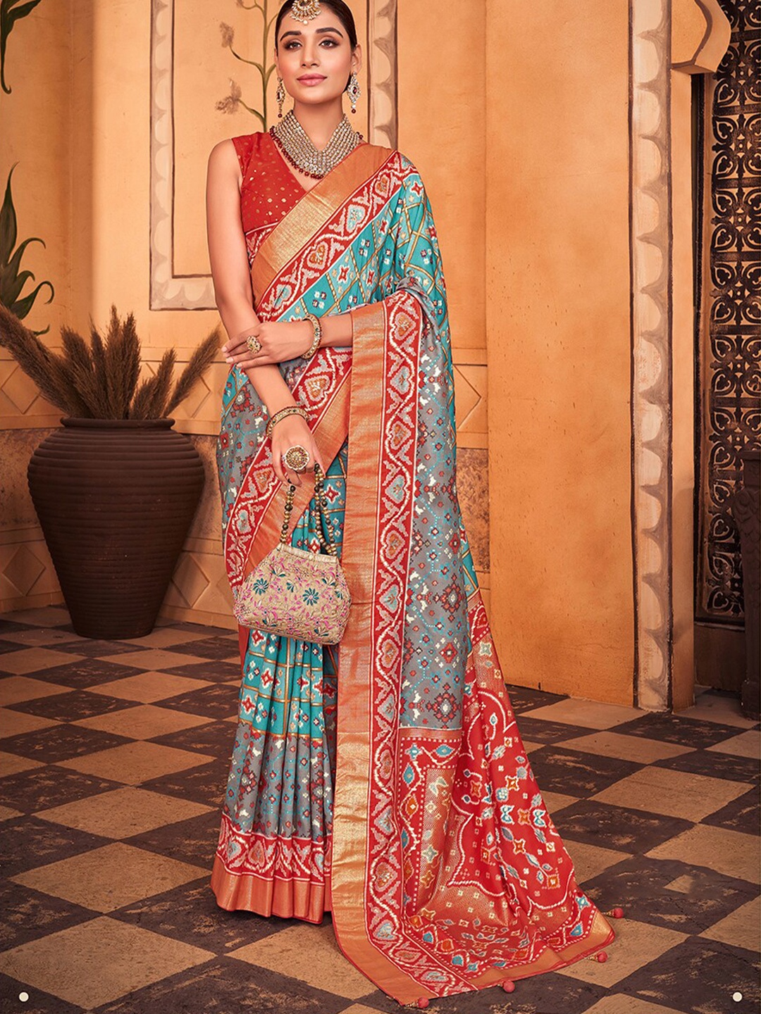 

Mitera Ethnic Motifs Printed Zari Silk Cotton Saree, Blue
