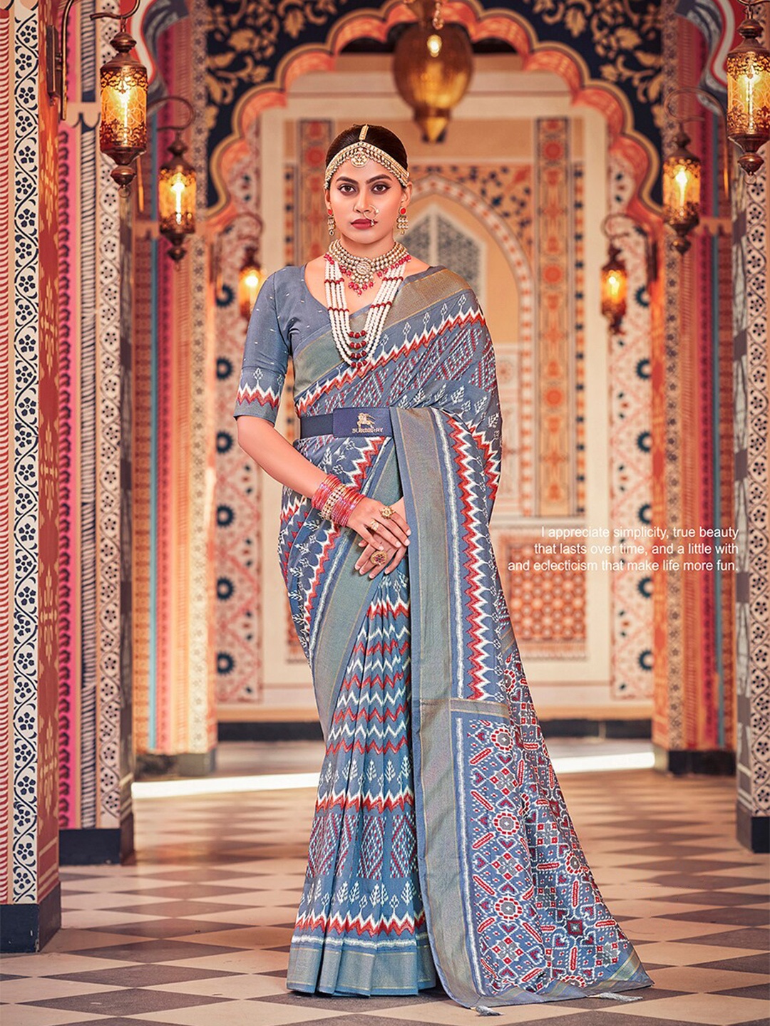 

Mitera Ethnic Motifs Zari Silk Cotton Ikat Saree, Grey