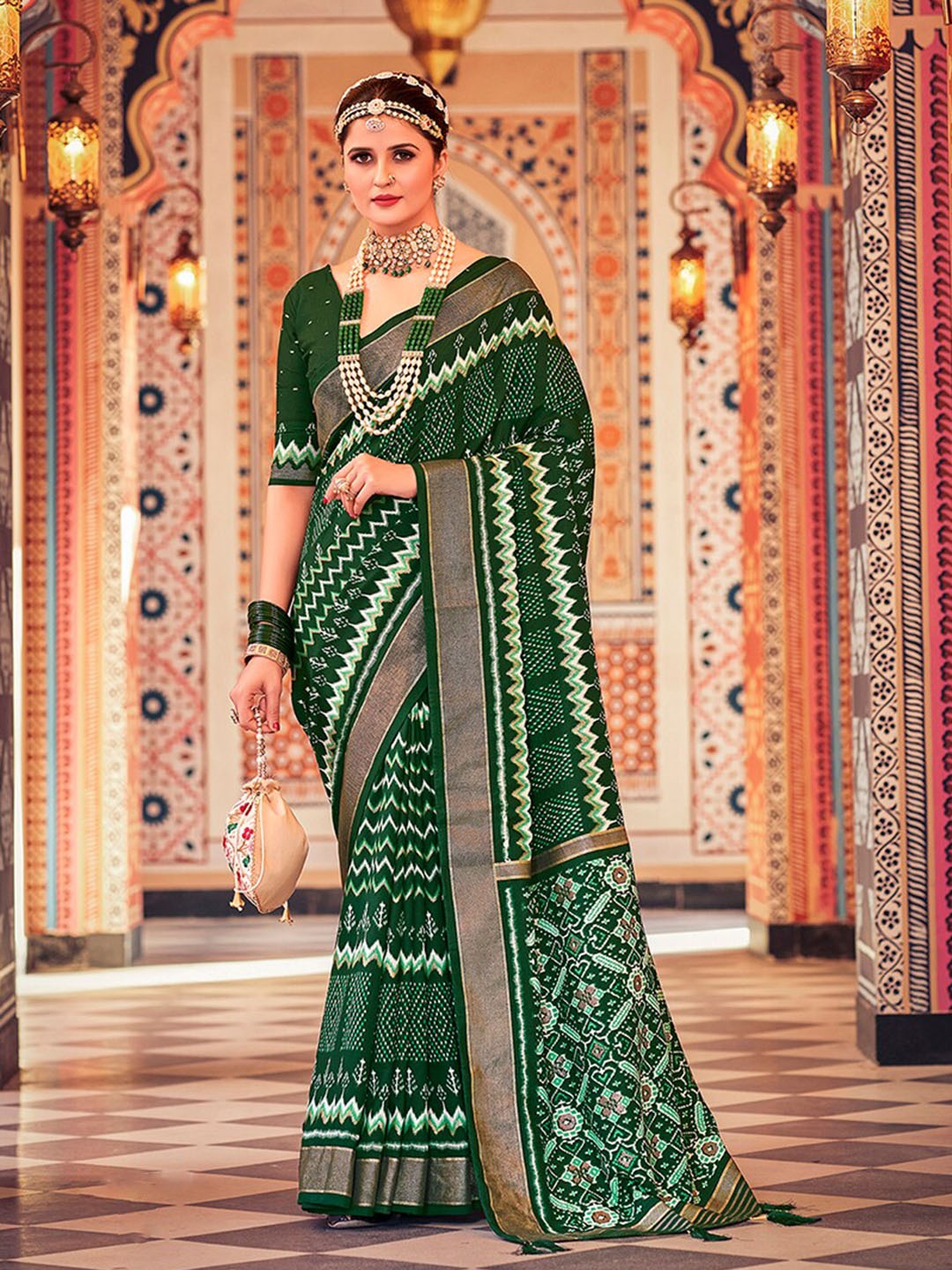 

Mitera Ethnic Motifs Zari Silk Cotton Ikat Saree, Green