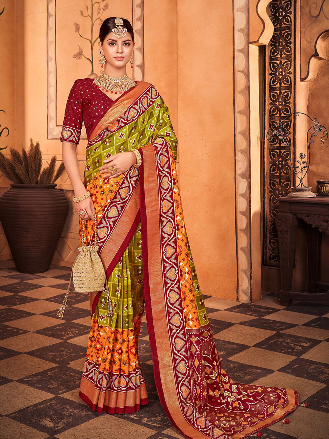 

Mitera Ethnic Motifs Printed Zari Silk Cotton Saree, Green