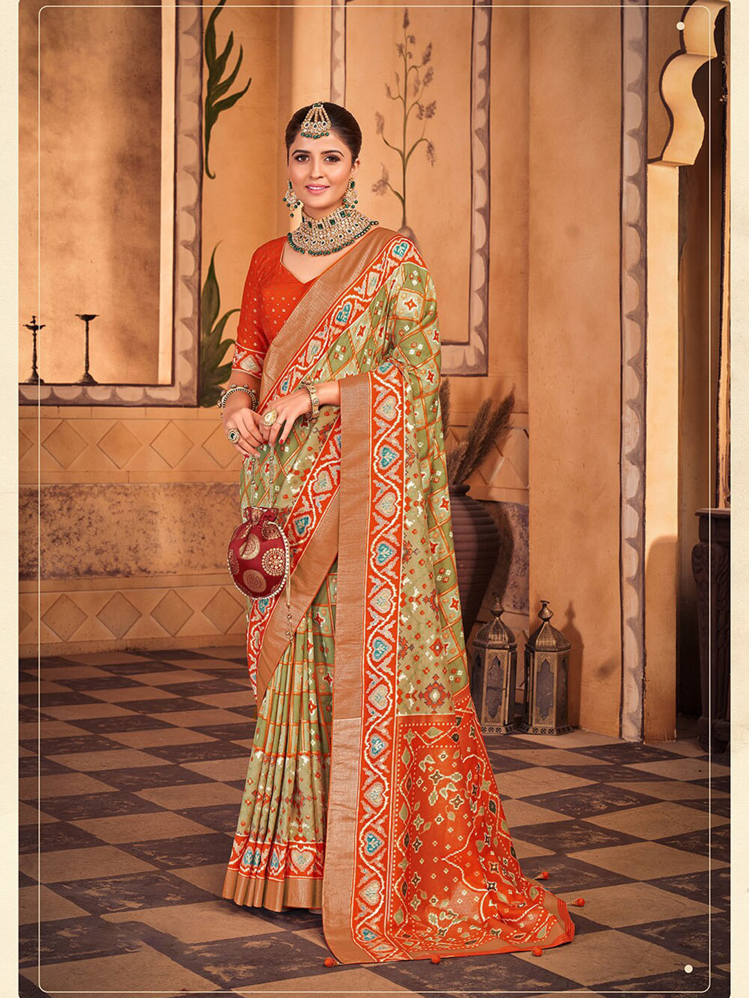 

Mitera Geometric Printed Zari Silk Cotton Saree, Green