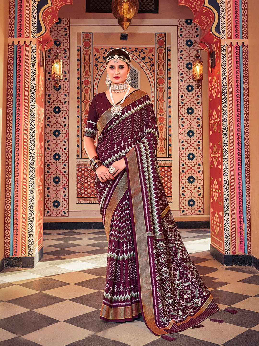 

Mitera Geometric Printed Zari Silk Cotton Ikat Saree, Purple