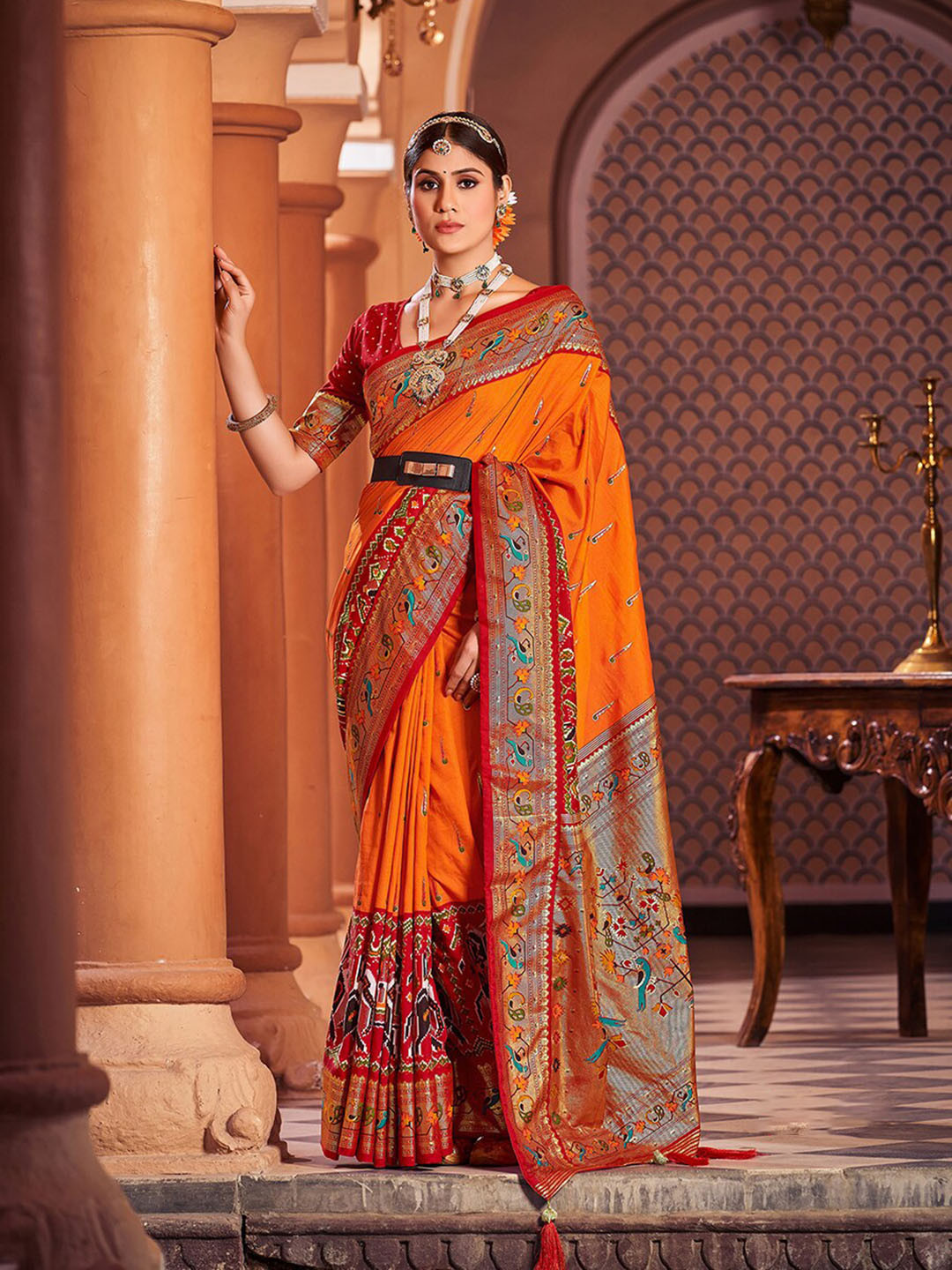 

Mitera Ethnic Motifs Printed Zari Mysore Silk Saree, Orange