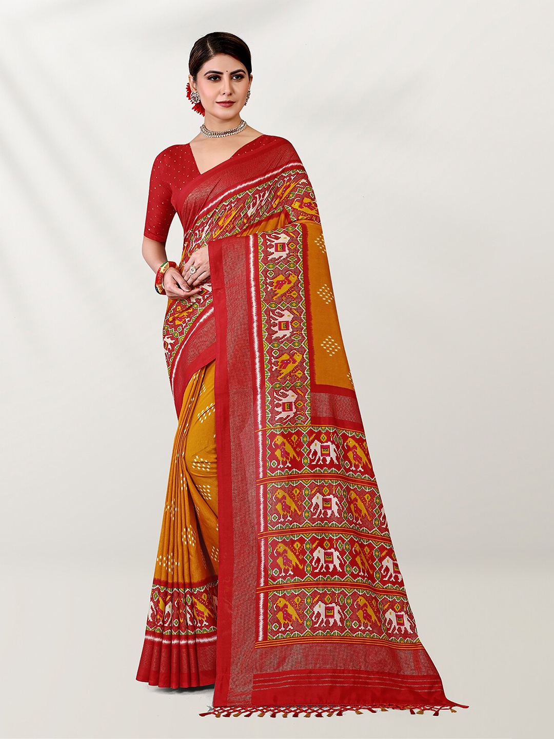 

Mitera Ethnic Motifs Zari Silk Cotton Patola Saree, Yellow