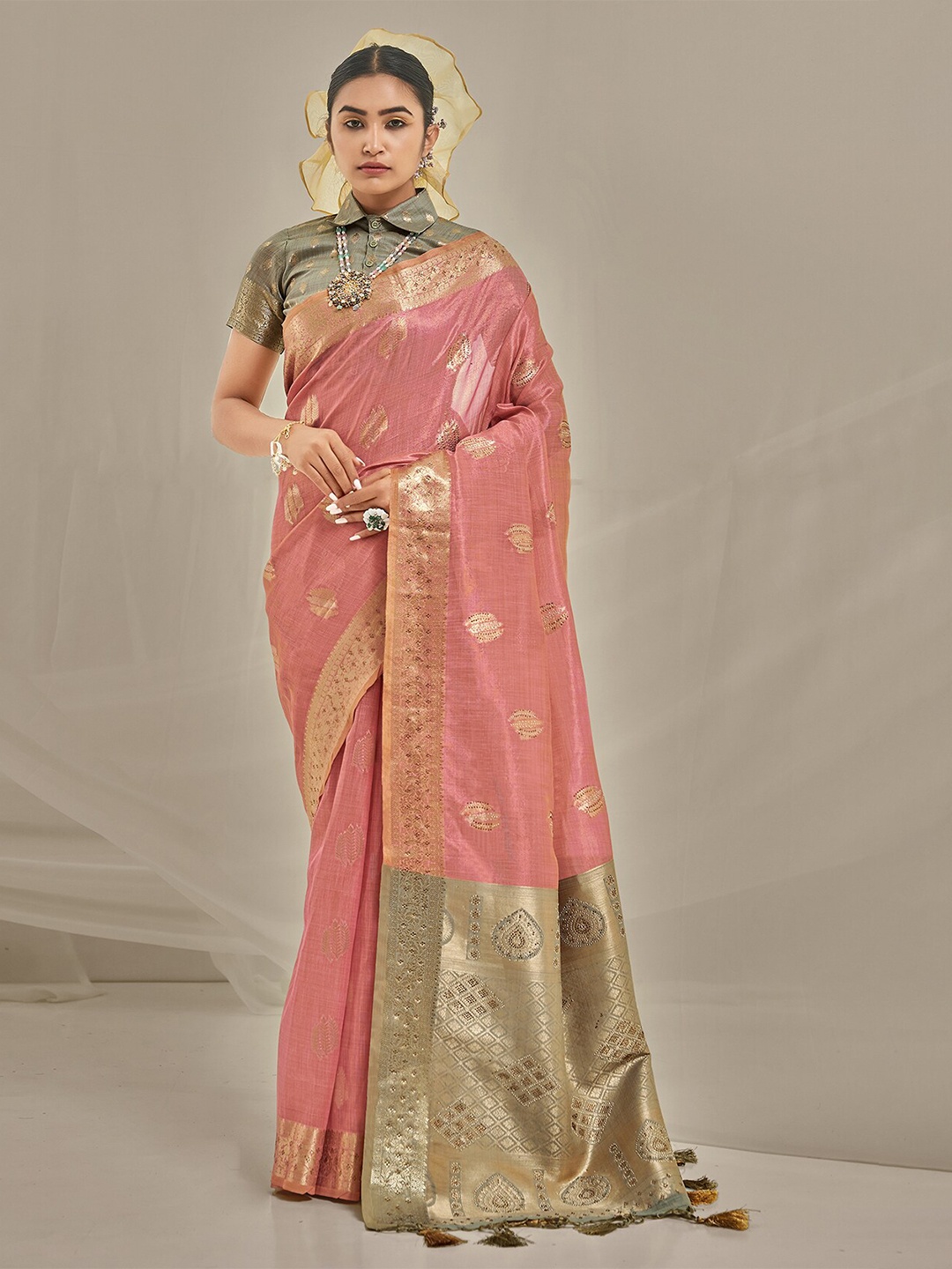

Mitera Ethnic Motifs Woven Design Beads & Stones Banarasi Saree, Pink