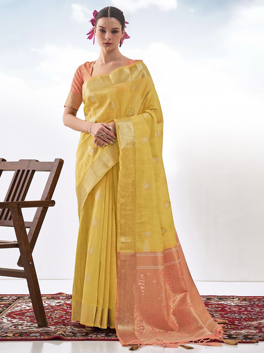 

Mitera Yellow Woven Design Zari Art Silk Banarasi Saree