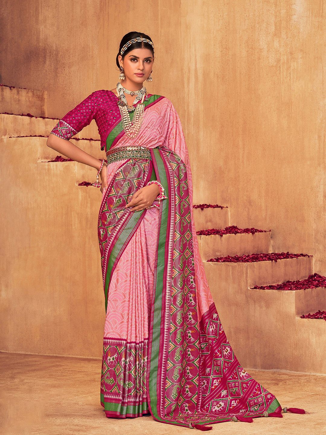 

Mitera Pink Bandhani Printed Zari Silk Cotton Patola Saree