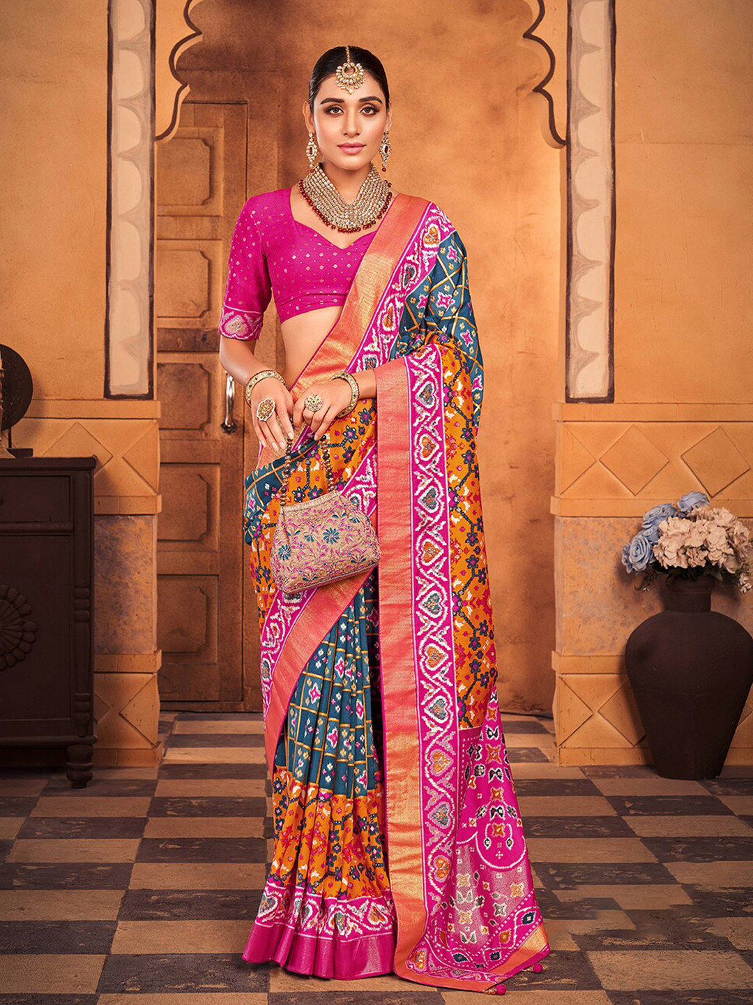 

Mitera Blue Ethnic Motifs Printed Zari Silk Cotton Mysore Silk Saree