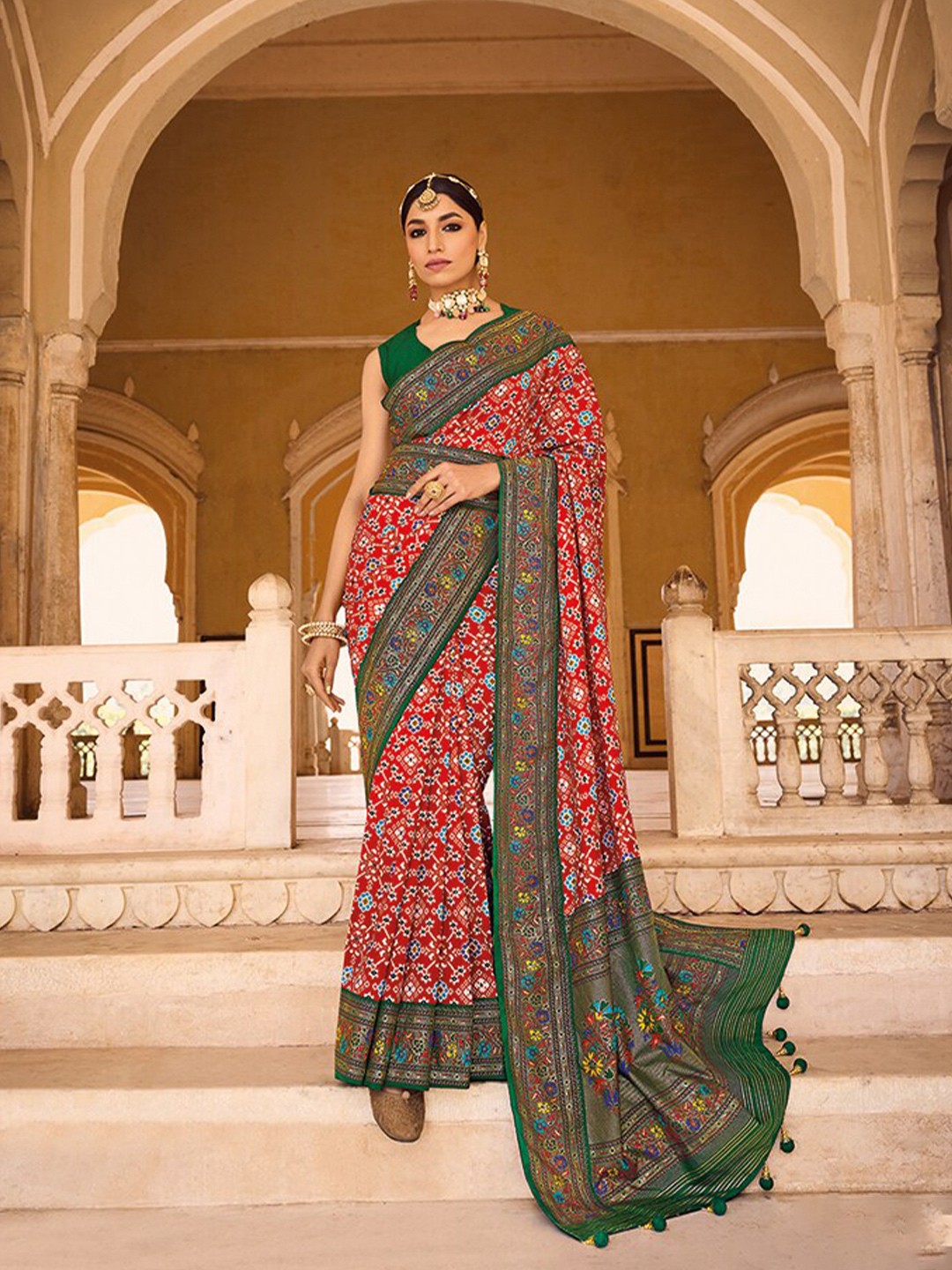

Mitera Red Bandhani Printed Zari Silk Cotton Patola Saree