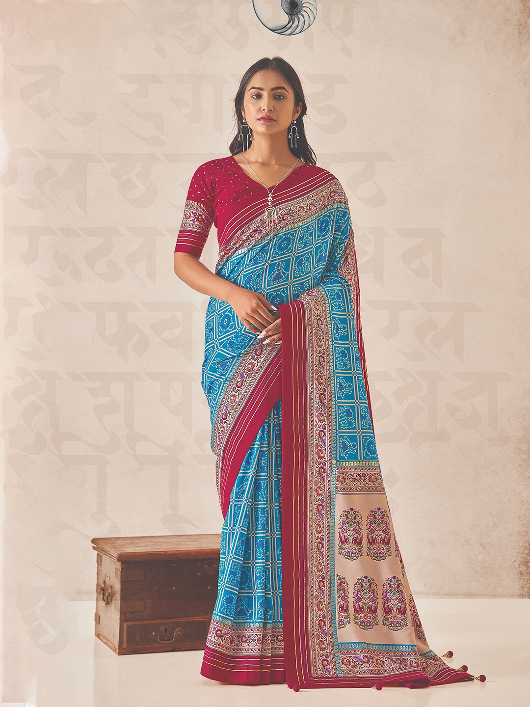 Mitera Bandhani Silk Cotton Block Print Saree, Blue