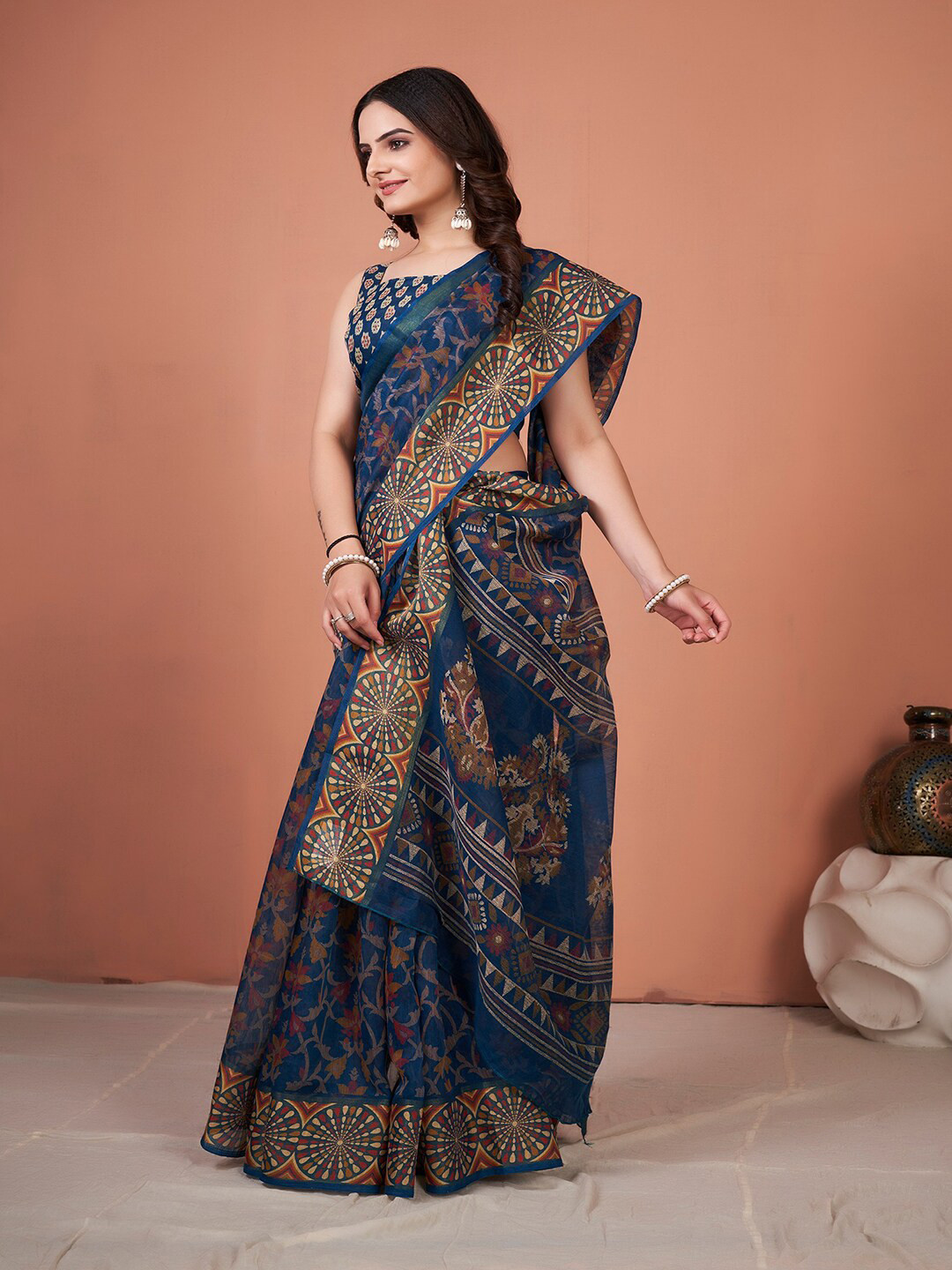

Saree mall Floral Printed Sarees, Navy blue