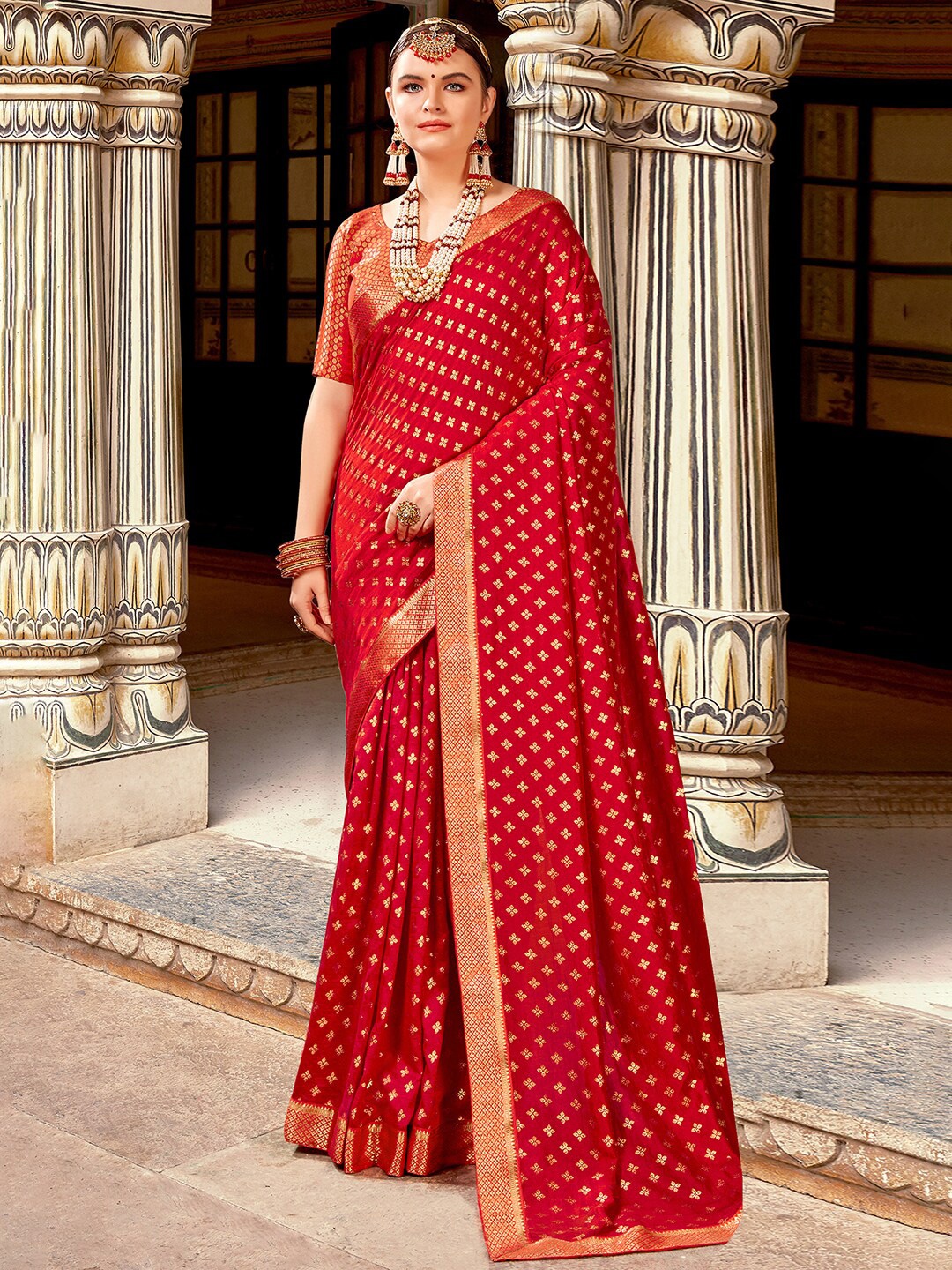 

Saree mall Ethnic Motifs Woven Design Zari Sarees, Red