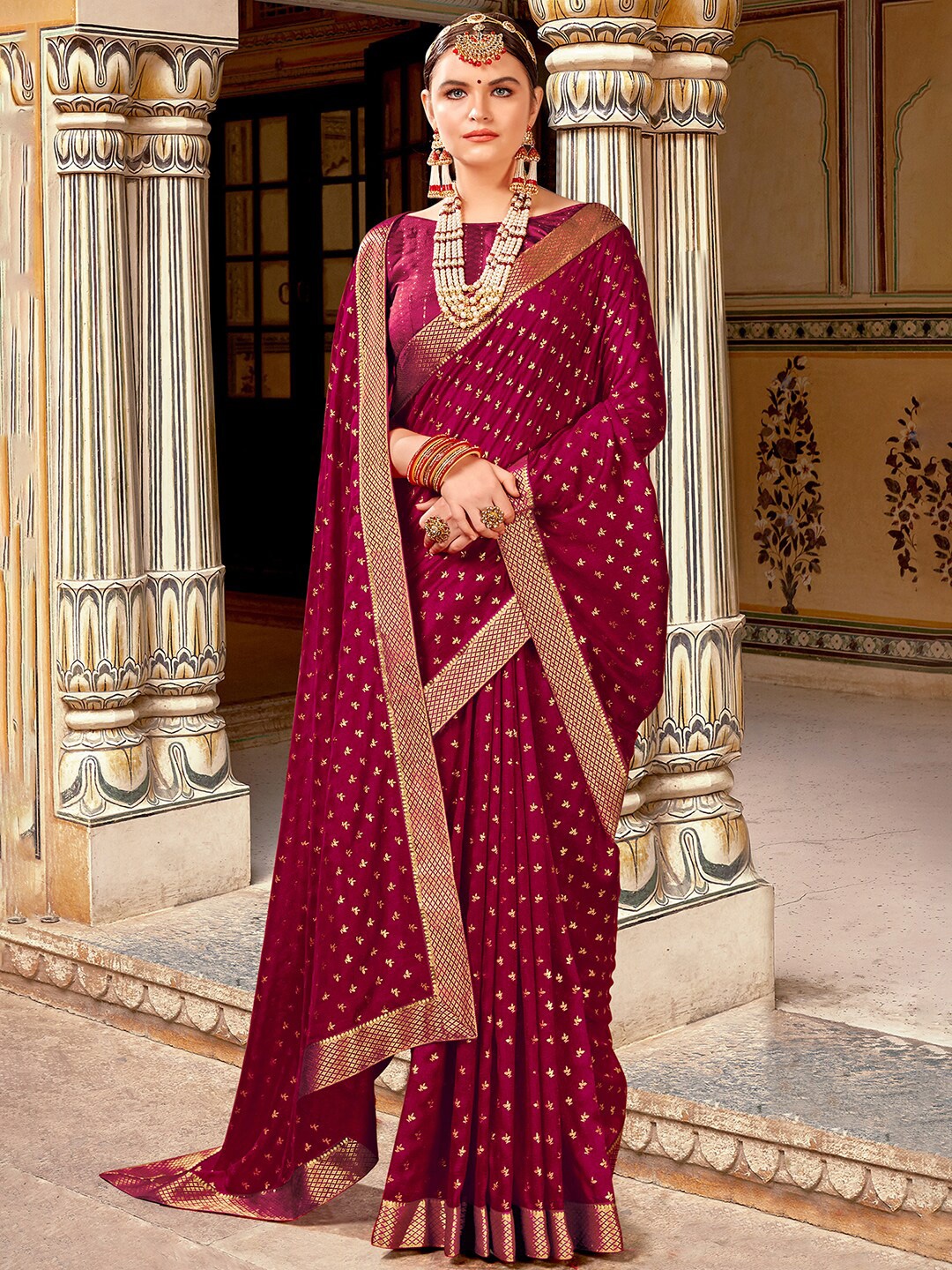 

Saree mall Ethnic Motifs Printed Zari Silk Blend Sarees, Magenta
