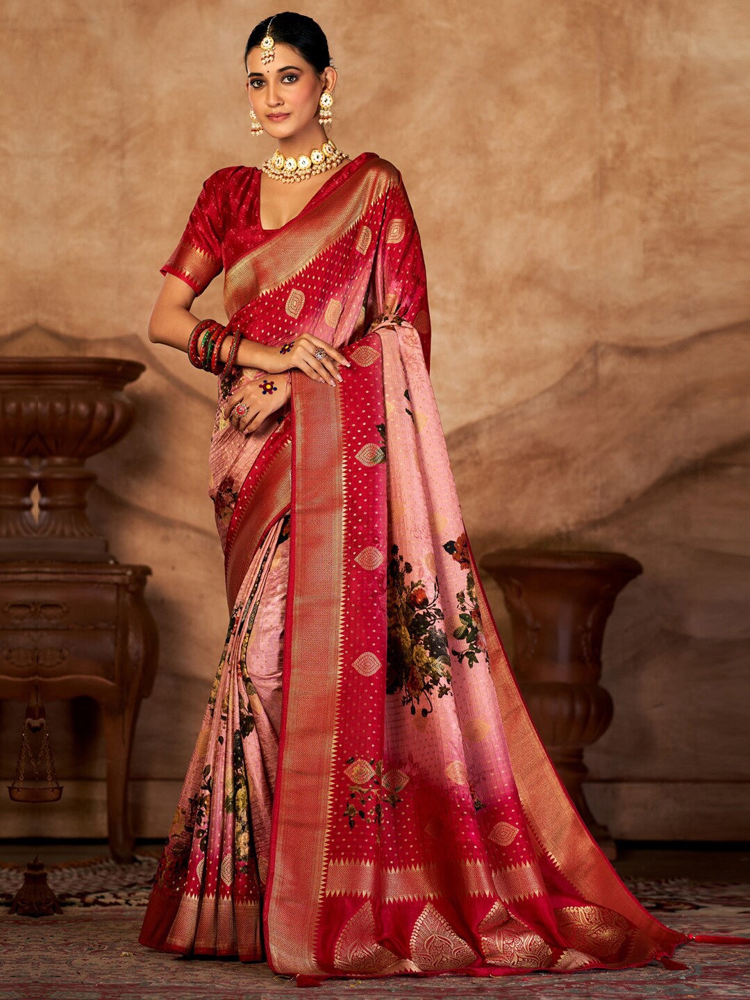 

Saree mall Bandhani Printed Zari Silk Blend Bandhani Sarees, Pink