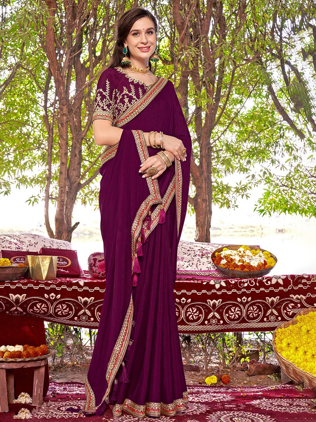 

Saree mall Embroidered Silk Blend Sarees, Purple