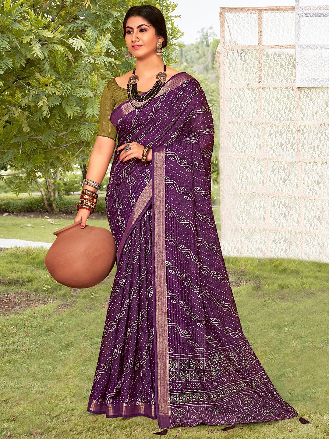 

Saree mall Purple & White Bandhani Printed Zari Sarees