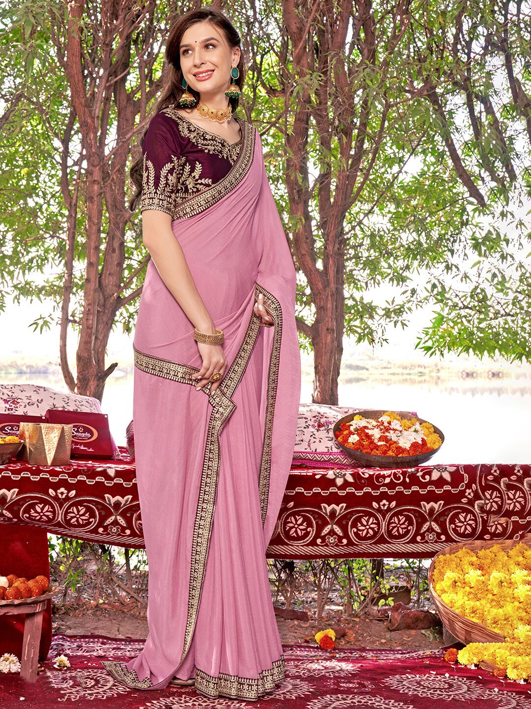 

Saree mall Pink & Purple Embroidered Silk Blend Sarees
