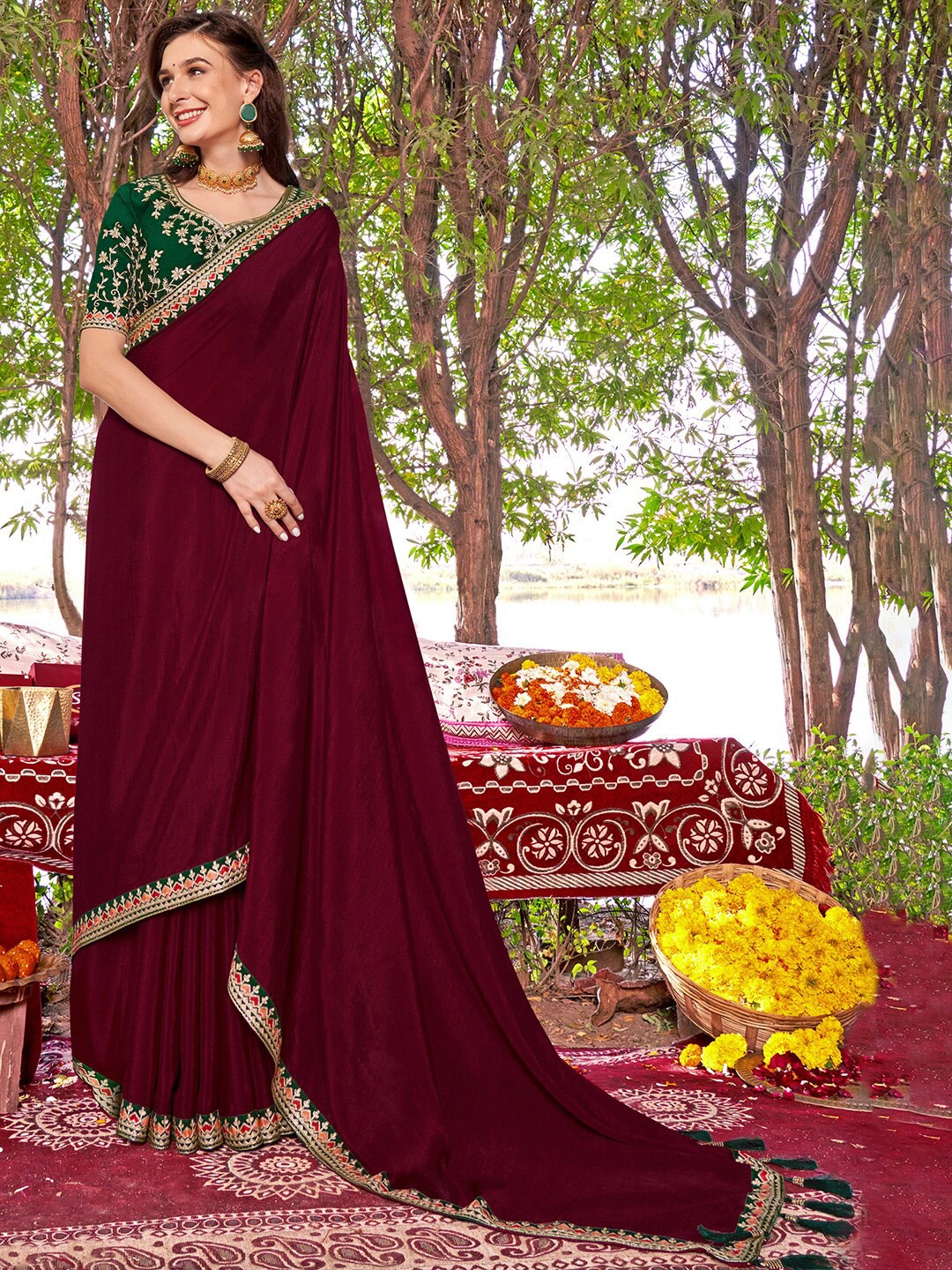 

Saree mall Maroon & Green Embroidered Border Silk Blend Sarees