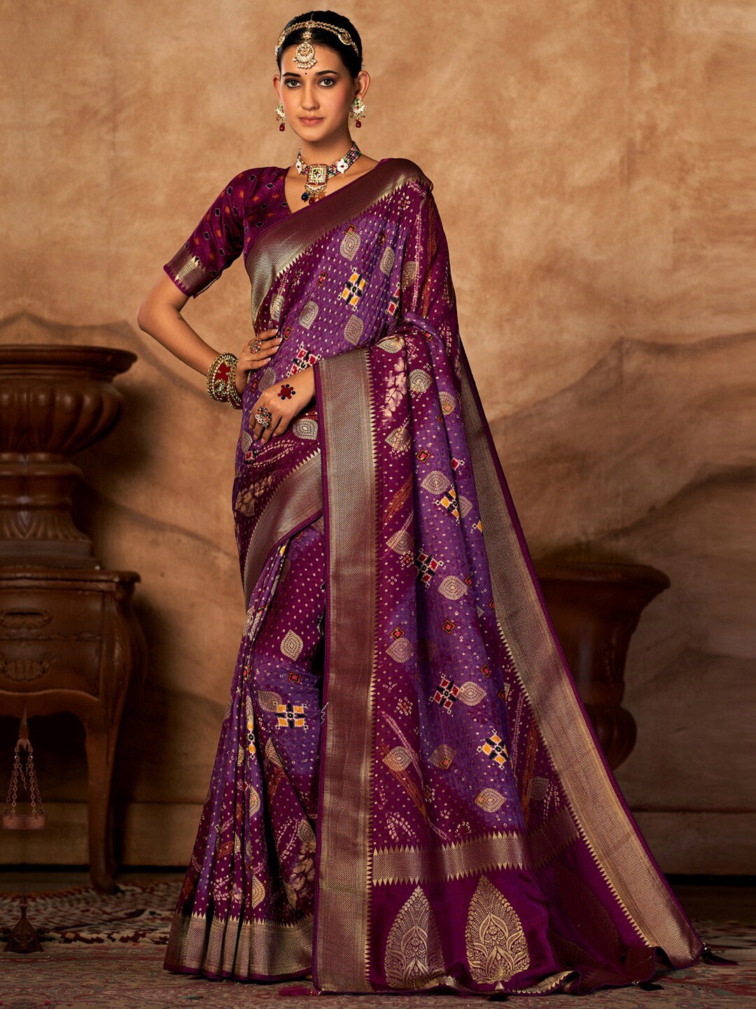 

Saree mall Zari Bandhani Sarees, Purple