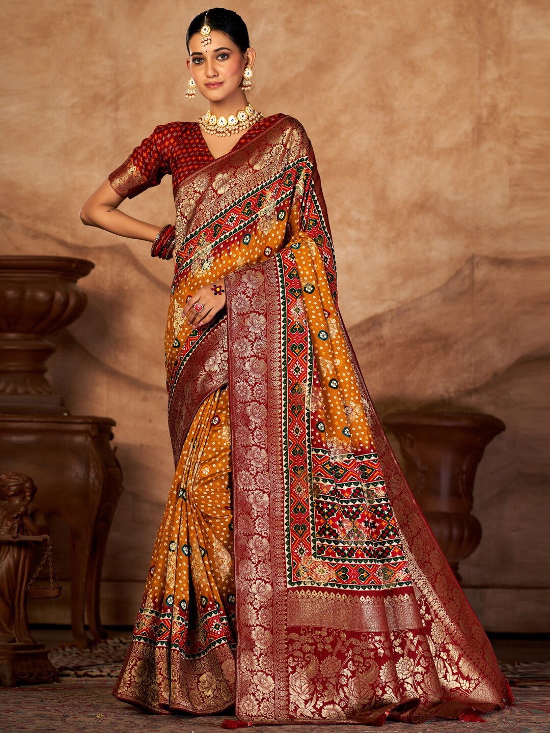 

Saree mall Bandhani Zari Silk Blend Bandhani Sarees, Mustard