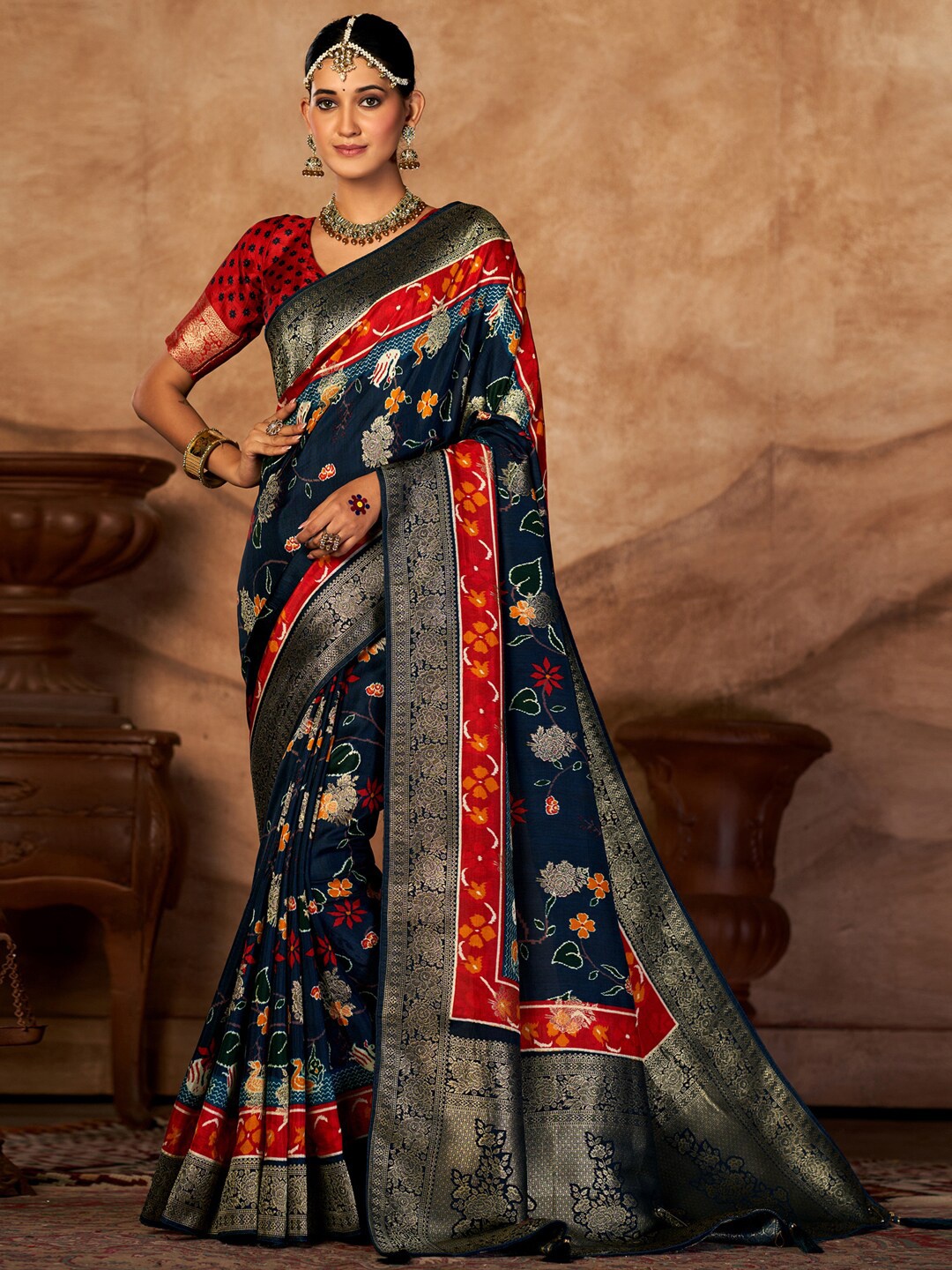 

Saree mall Navy Blue & Red Woven Design Zari Banarasi Sarees