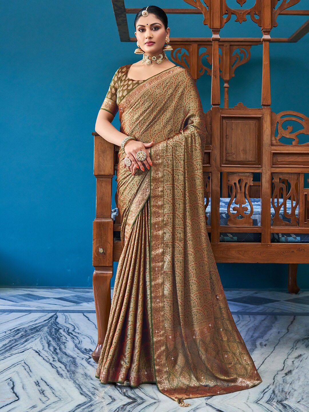 

Saree mall Ethnic Motif Zari Pure Silk Banarasi Saree With Blouse Piece, Olive