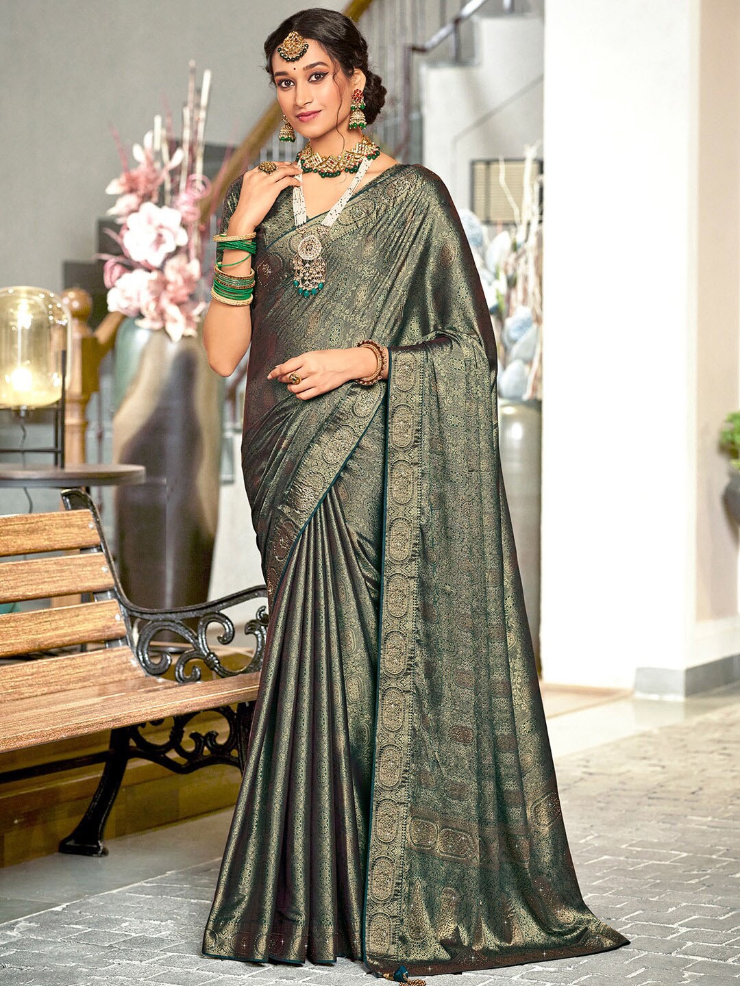 

Saree mall Ethnic Motifs Woven Design Beads And Stones Pure Silk Banarasi Saree, Teal