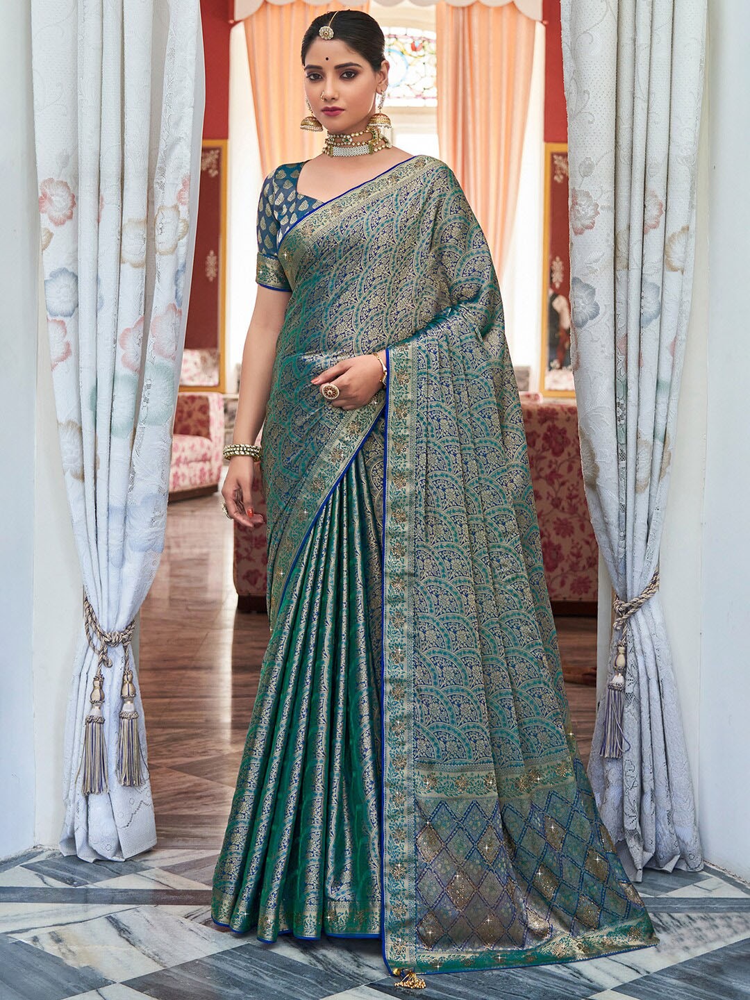 

Saree mall Woven Design Zari Pure Silk Banarasi Sarees, Blue