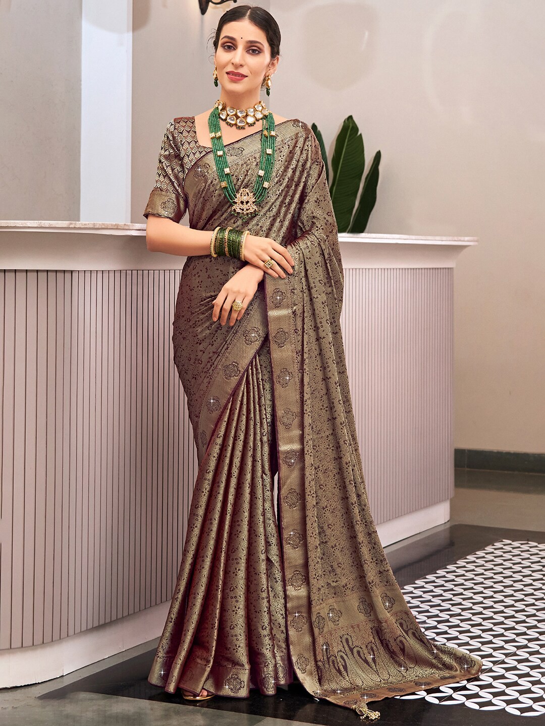 

Saree mall Burgundy & Gold-Toned Woven Design Zari Pure Silk Banarasi Sarees