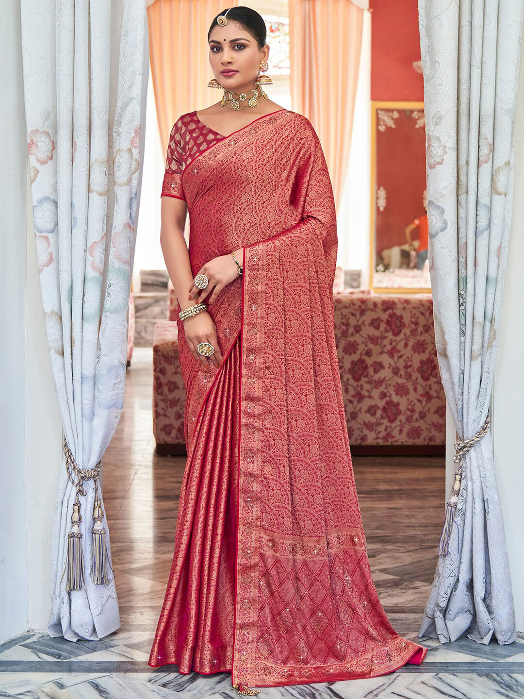 

Saree mall Ethnic Motifs Woven Design Zari Pure Silk Banarasi Sarees, Red