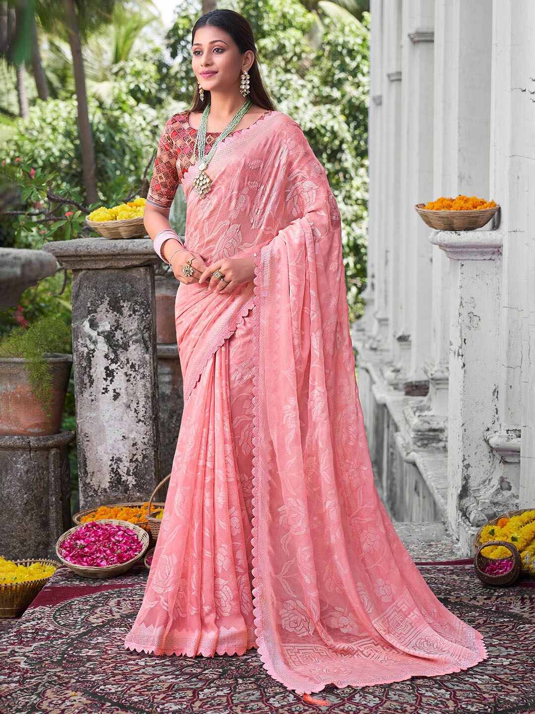 

Saree mall Floral Woven Design Poly Chiffon Beads & Stones Bagru Sarees, Pink