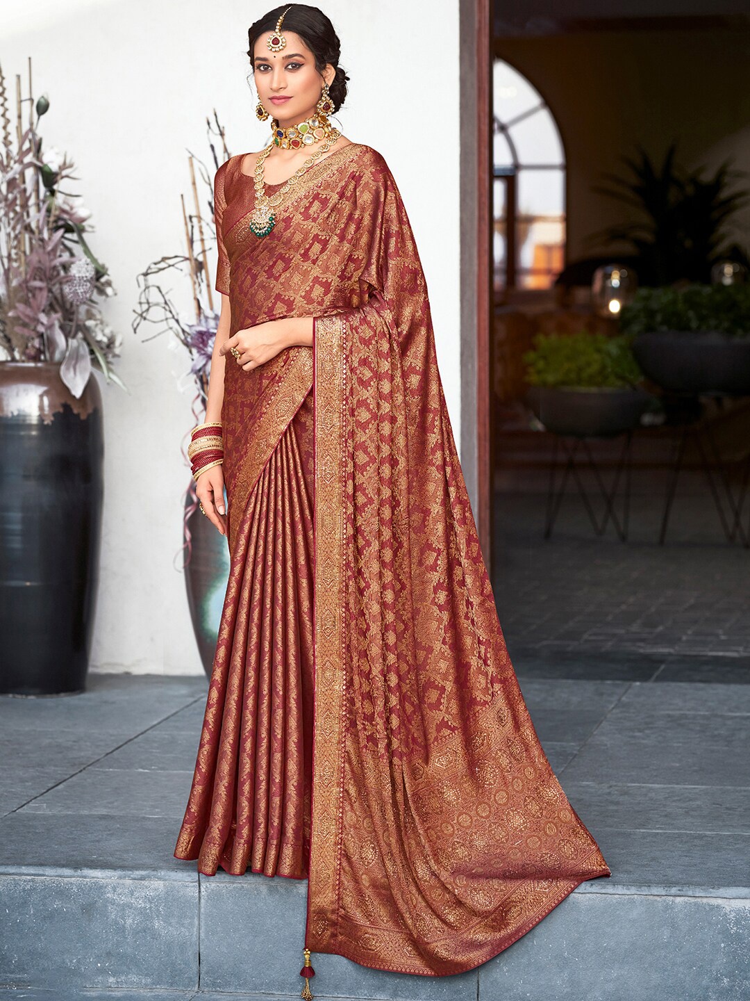 

Saree mall Ethnic Motifs Woven Design Zari Silk Banarasi Sarees, Maroon