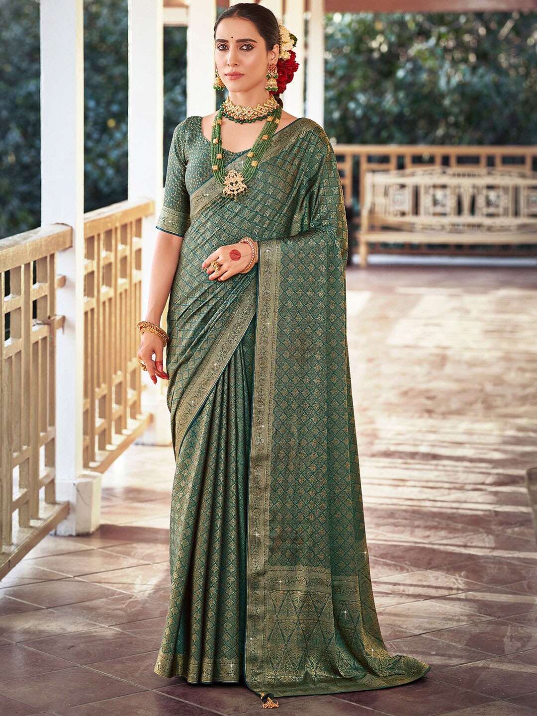 

Saree mall Ethnic Motifs Woven Design Zari Silk Banarasi Sarees, Teal