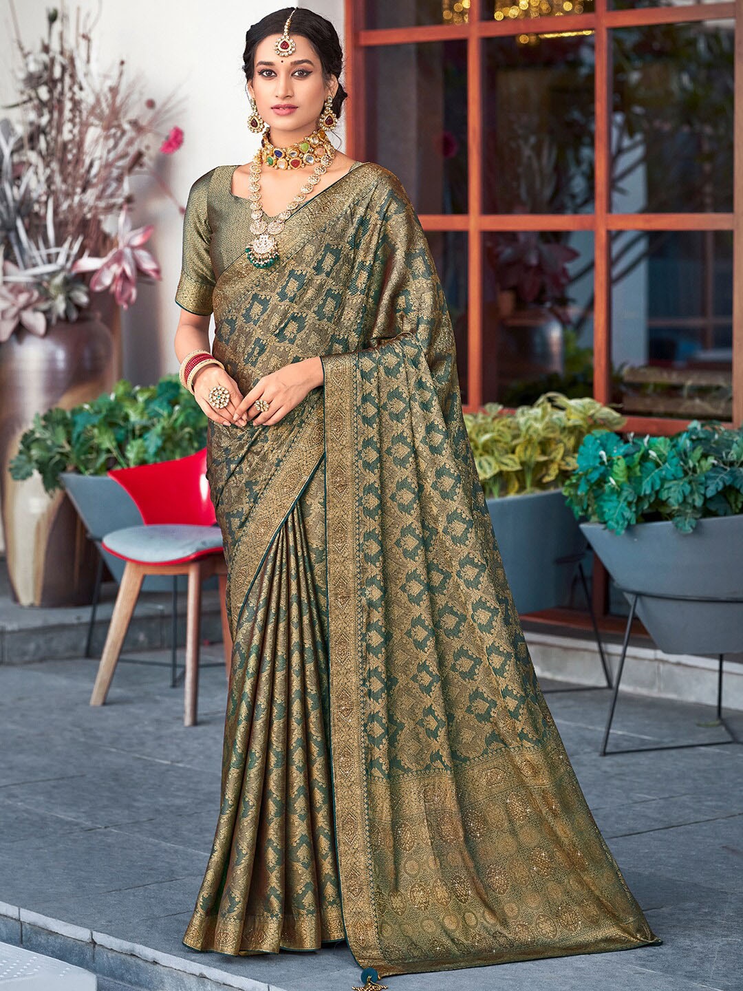 

Saree mall Ethnic Motifs Woven Design Zari Silk Sarees, Teal