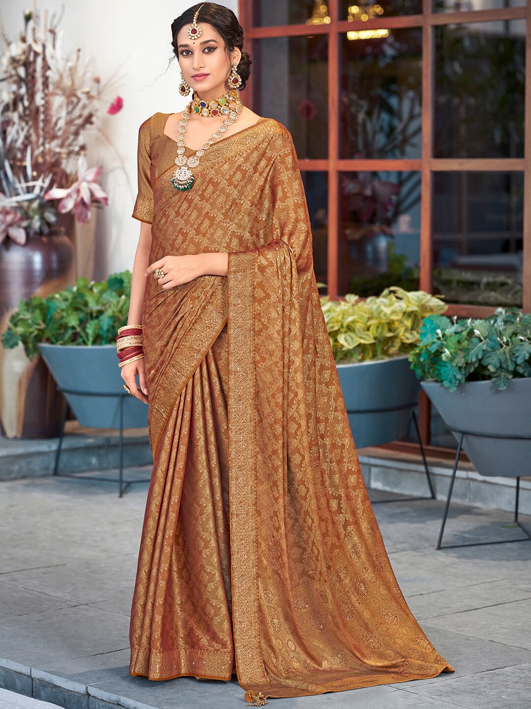 

Saree mall Floral Woven Design Silk Zari Banarasi Sarees, Brown
