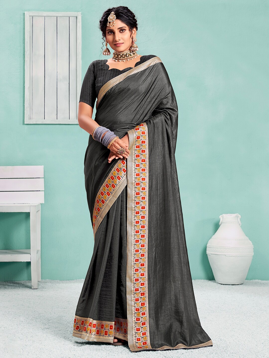 

Saree mall Woven Design Zari Silk Blend Sarees, Grey