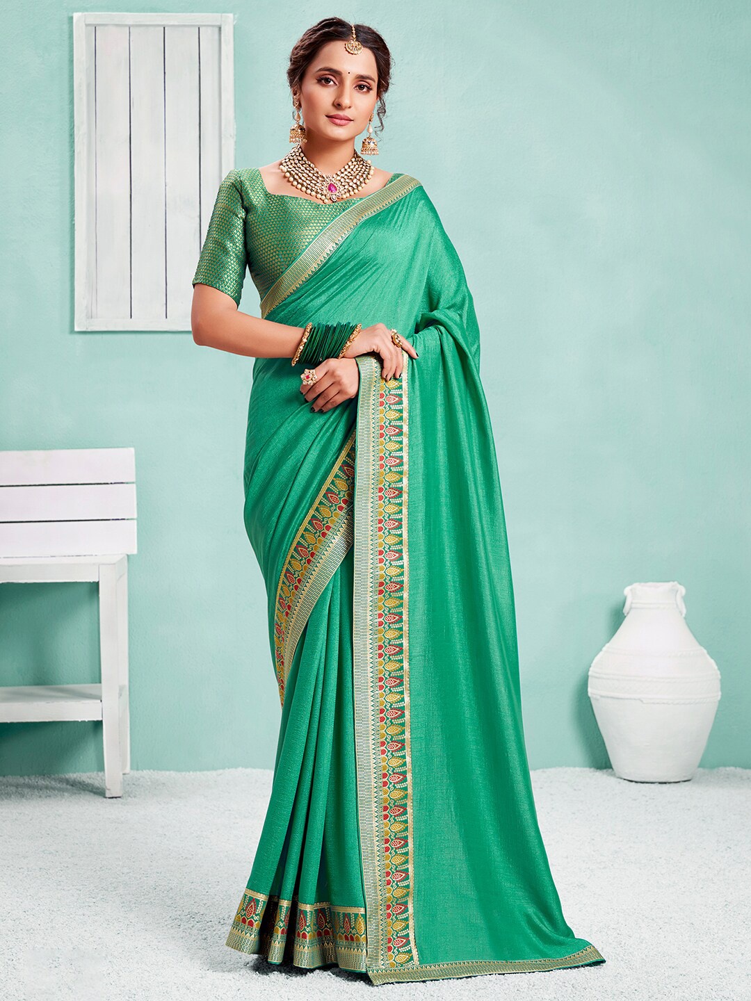 

Saree mall Sea Green & Red Woven Design Zari Sarees