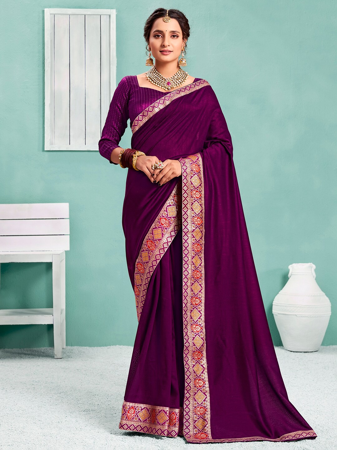 

Saree mall Ethnic Motif Zari Silk Blend Saree With Blouse Piece, Purple