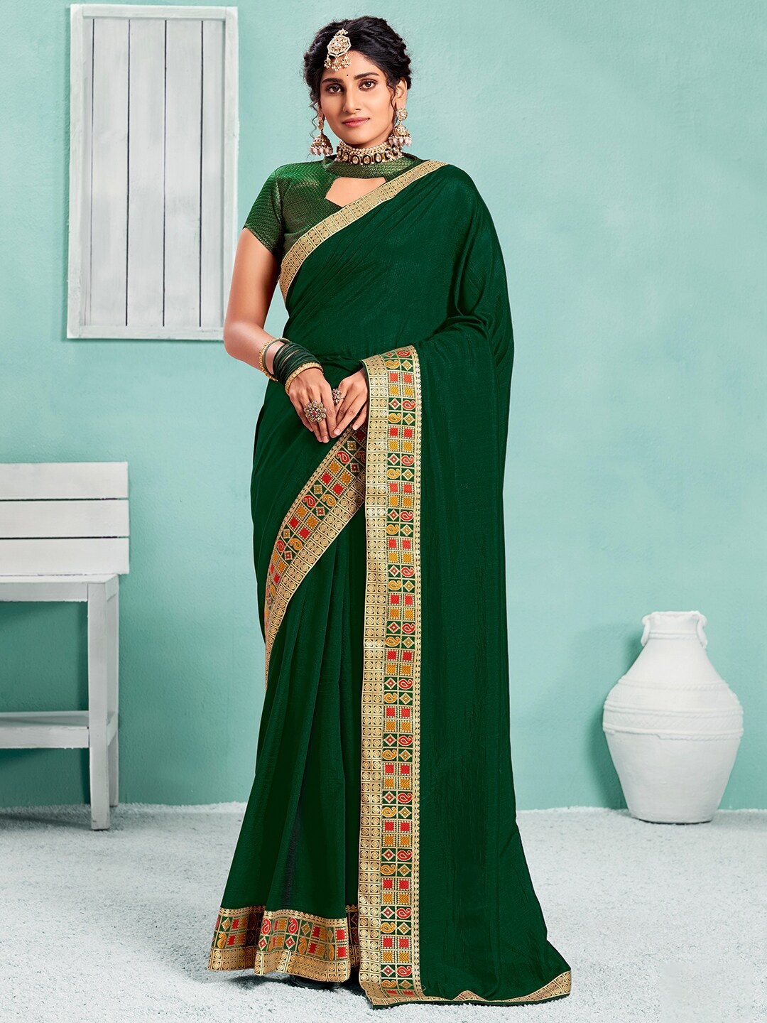 

Saree mall Ethnic Motifs Woven Design Zari Sarees, Green