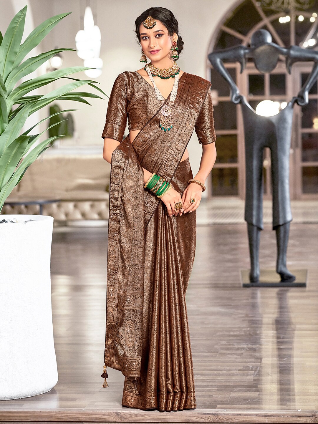 

Saree mall Brown & Gold-Toned Ethnic Motifs Woven Design Zari Pure Silk Banarasi Sarees