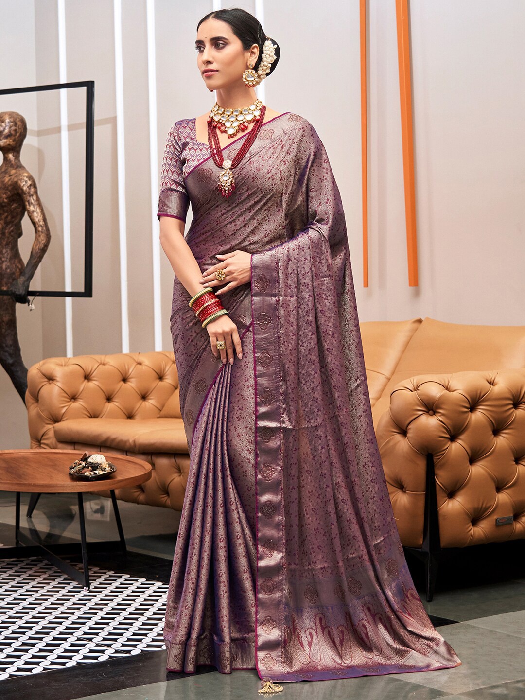 

Saree mall Purple & Gold-Toned Floral Woven Design Zari Pure Silk Banarasi Sarees