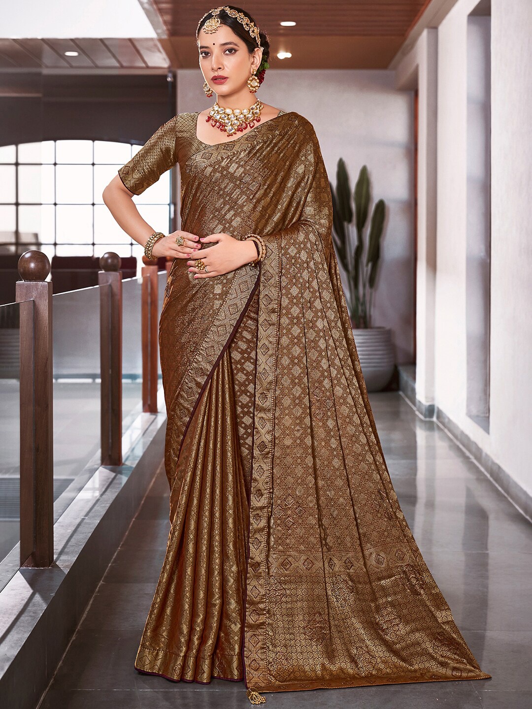 

Saree mall Brown & Gold-Toned Ethnic Motifs Woven Design Zari Pure Silk Banarasi Sarees