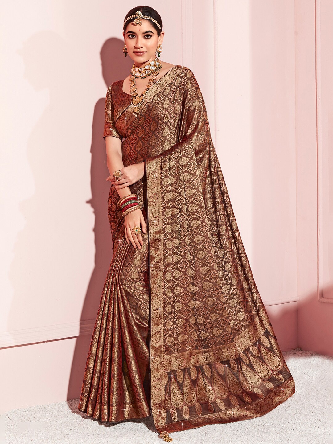 

Saree mall Woven Design Zari Pure Silk Banarasi Sarees, Brown