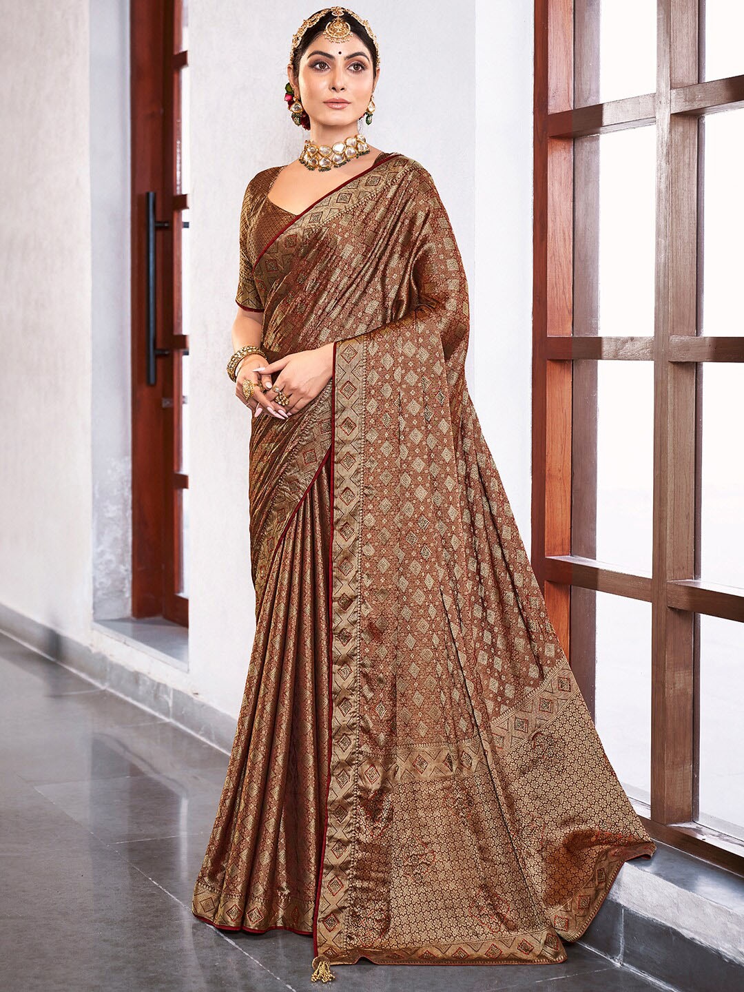 

Saree mall Woven Design Zari Silk Banarasi Sarees, Brown